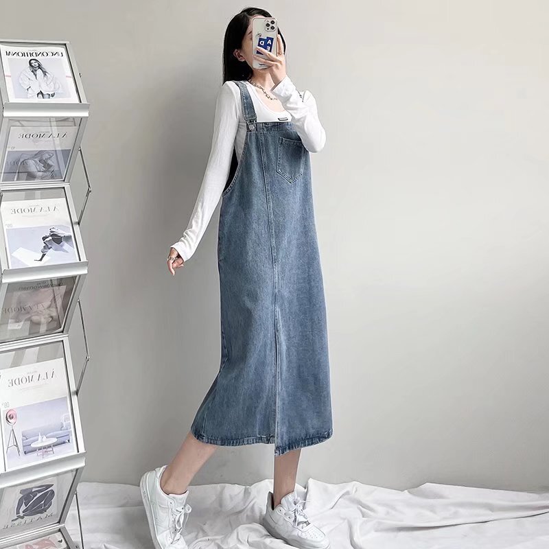 Tall irregular split Denim suspender skirt women's winter design sense niche loose long suspender dress