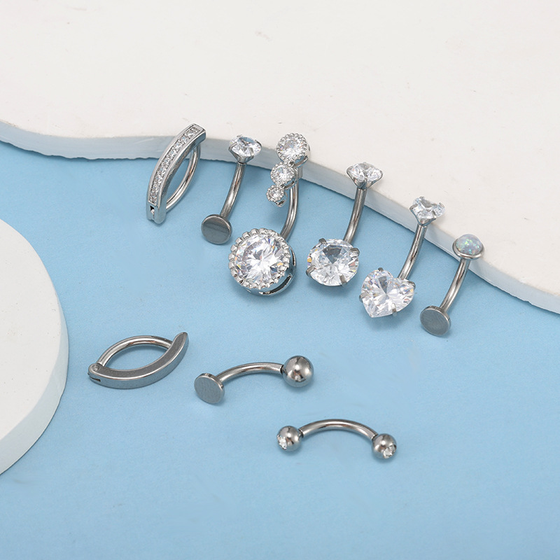 Stainless Steel Belly Button Ring 9-Piece Set with Round Zircon and Opal 14g Belly Piercing Jewelry detail image 7