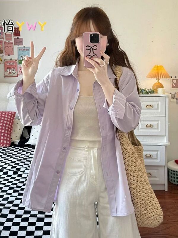 纯棉甜美显白浅紫色衬衫女春秋季防晒衣外套百搭气质休闲上衣开衫|undefined