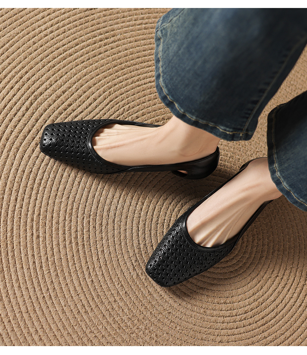 Giày sandal nữ mũi vuông gót thấp 3,5 cm da cừu đục lỗ hở mũi — đen chi tiết 9