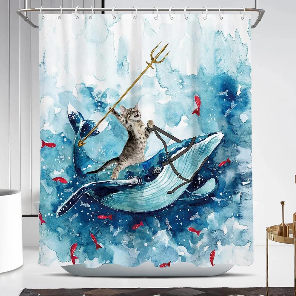 Divertida cortina de baño valiente gato sostiene tridente flecha montar tiburones en las olas ballenas gatos cortina de baño conjunto baño