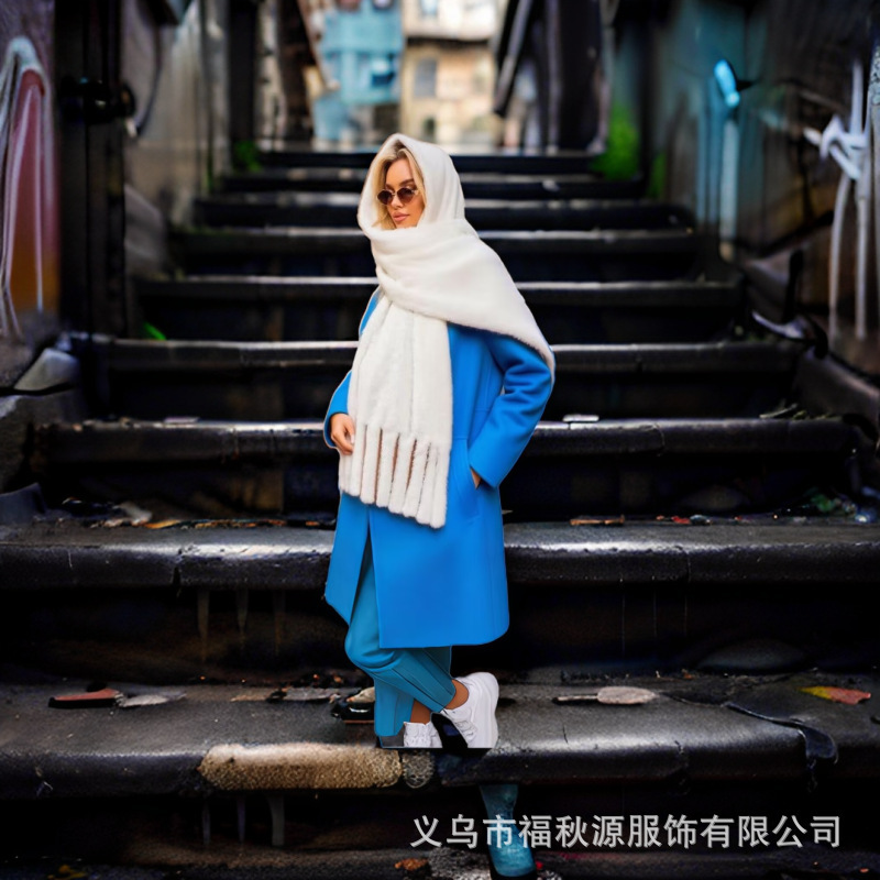 跨境现货欧美纯色毛绒披肩加须围巾保暖围巾披肩百搭围巾开须围巾|undefined