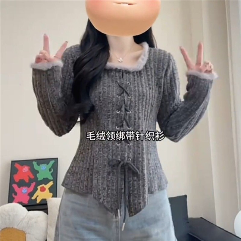 法式方领加绒内搭针织衫女冬季新款大码胖mm纯欲风辣妹上衣打底衫