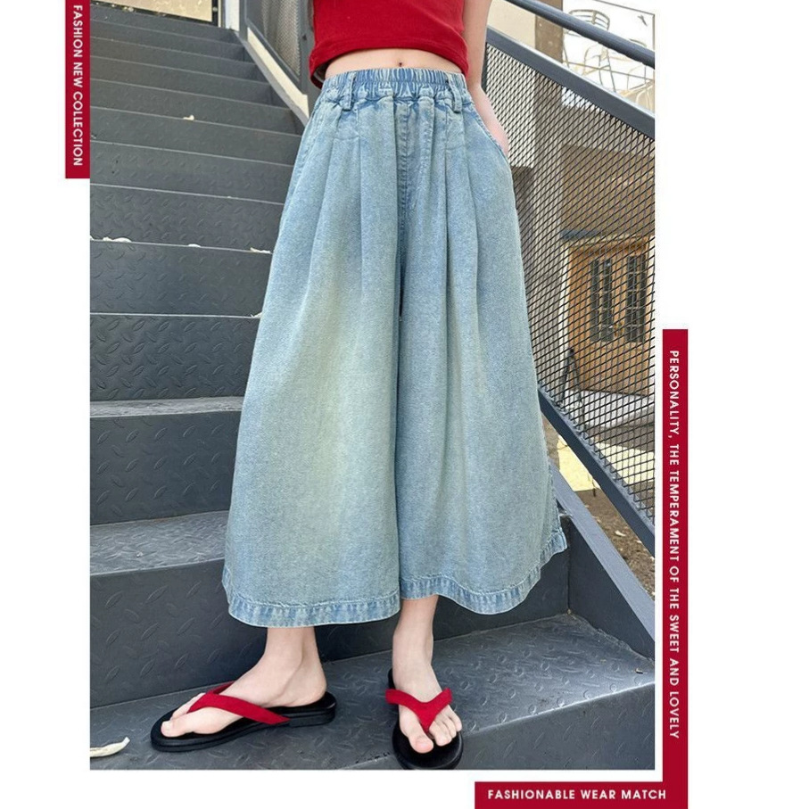 Niñas Tencel pantalones de verano 2026 nuevos niños de cintura alta jeans pantalones de siete puntos para niños grandes pantalones de piernas largas casuales delgados