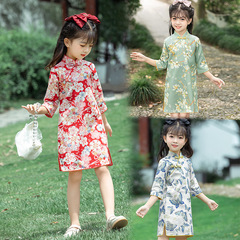 Girls 24 spring and autumn new mid-sleeve cheongsam dress baby children's dress dress retro literary Chinese style