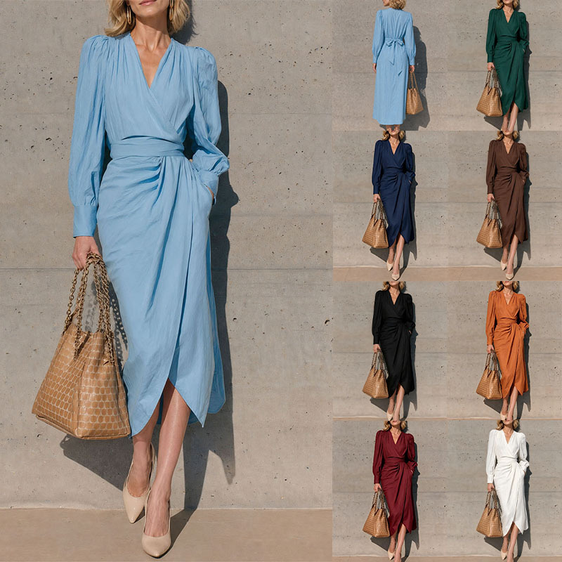 2026 Autumn European and American Style V-neck Wrap Dress for Women, Multi-color Long Sleeve Waist-Tied Bow Long Dress