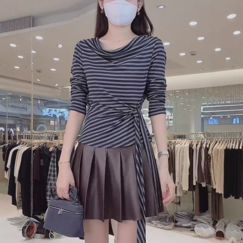 独特别致绝美蓝条纹飘带荡领长袖t恤女秋季大码胖mm显瘦漂亮上衣|undefined