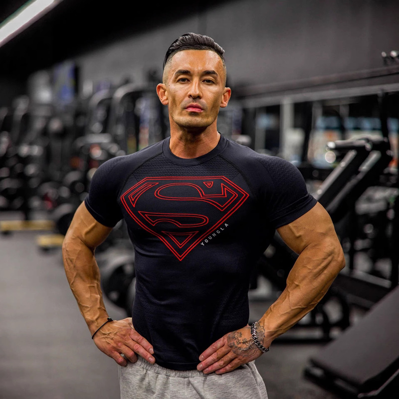 Youngla Co-Branded Superman American New Men's T-Shirt Muscle Sports Fitness Breathable Bodysuit Top