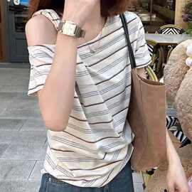 韩系时尚休闲设计感条纹斜肩T恤女2025夏季新款宽松百搭短袖上衣