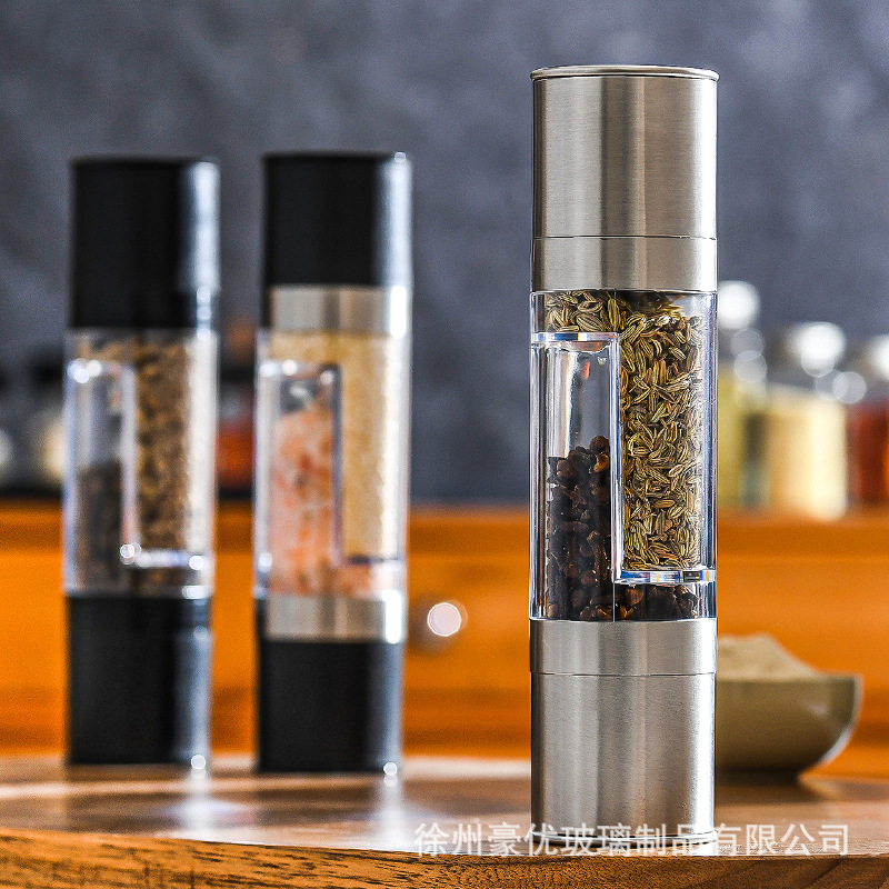 Molinillo manual dos en uno de doble propósito, pimienta negra, pimienta, sal marina, núcleo de cerámica de acero inoxidable, botella de espolvoreado de condimento comercial