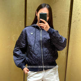 潮牌25ss秋冬新款藏蓝色连帽棉服菱格连帽帽服防风防水尼龙保暖