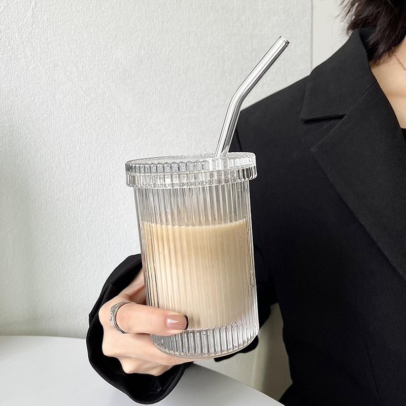 Ins-style striped glass cup with lid and straw, simple water cup for home use, drinking cup, milk cup, breakfast cup