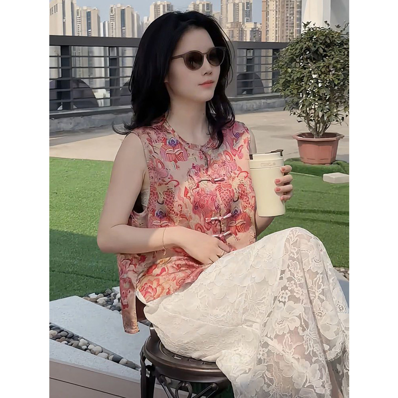 新しい中国風のボタン付きノースリーブベスト女性用 2025 春夏ボトムスファッション多用途レトロ気質トップ|undefined