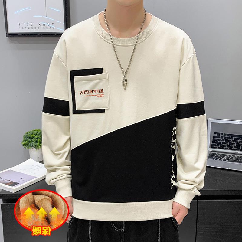 Suéter de los hombres de otoño forrado de lana suéter de manga larga cuello redondo camisa de fondo de los hombres de moda cuello redondo costura popular contraste color ropa de los hombres