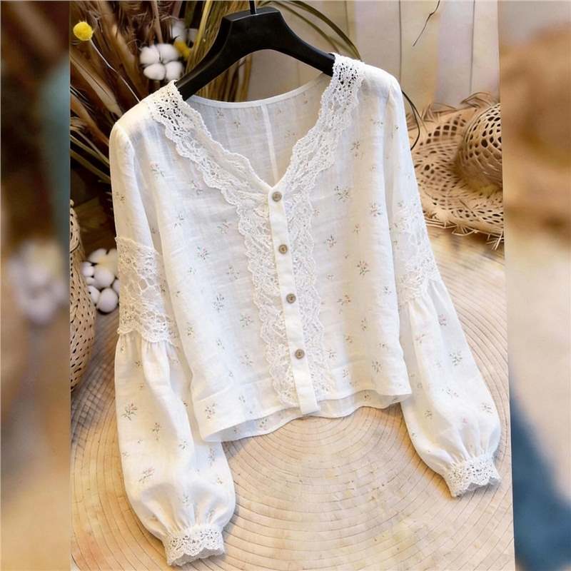 Shenzhen Nanyou elegant white lace-trimmed long-sleeve shirt, loose and versatile, perfect for commuting, super stylish and fashionable 2026 Shenzhen Nanyou elegant white lace-trimmed long-sleeve shirt, loose and versatile, perfect for commuting, super stylish and fashionable 2026