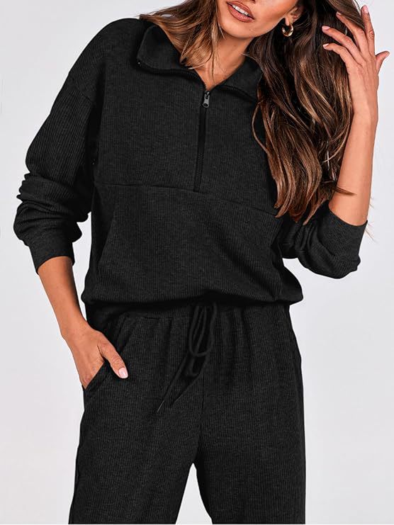 Dames casual set met longsleeve half-zip trui en joggingbroek_voghion.com