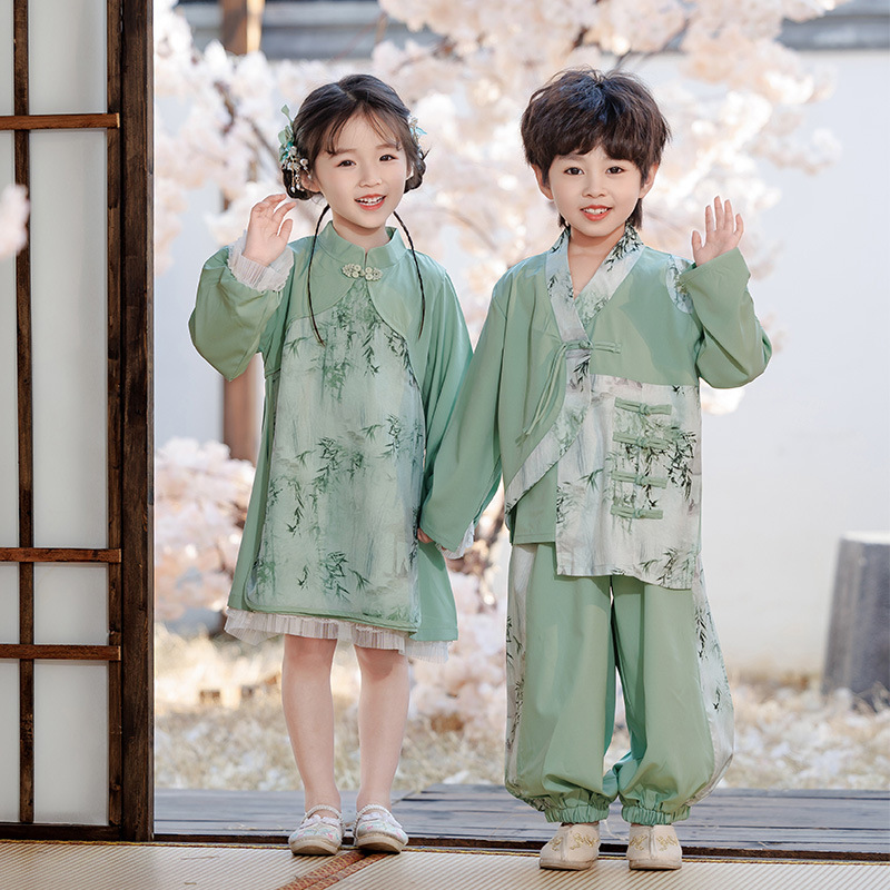 漢服男童春秋套裝2024新款寶寶中國風衣服男女孩表演服兒童連衣裙