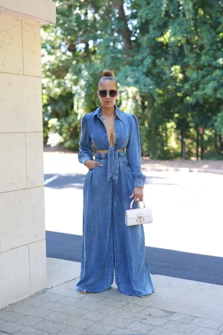 Damenbekleidung neuer lässiger Jeansanzug mit weitem Bein für Damen_voghion.com