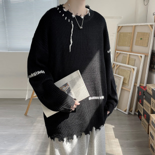 ins Trendy Brand Irregular Hems Ripped Sweater Autumn and Winter High Street Trendy Couples Loose Pullover Sweater for Men