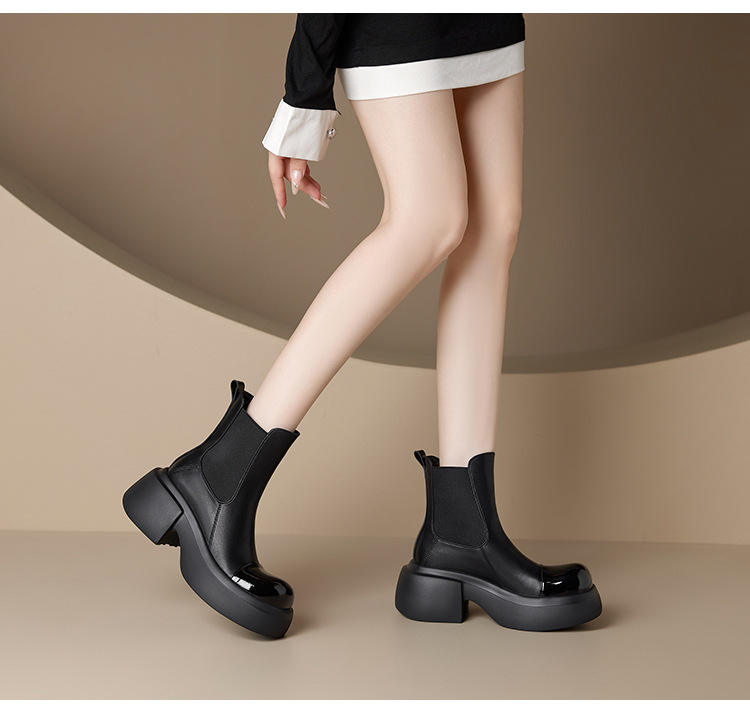 Giày boot Chelsea da thật cổ ngắn phối màu thu đông 2025, gót 6cm đế dày — đen, Màu trắng nhạt chi tiết 8