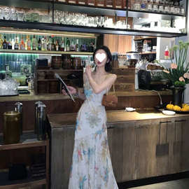 斜裁青玉花漫国风新中式吊带大花连衣裙夏季度假吊带长裙