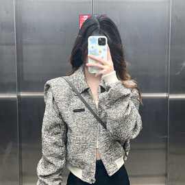 设计感短款小香风外套女新款宽松感夹克上衣春秋绿色外套