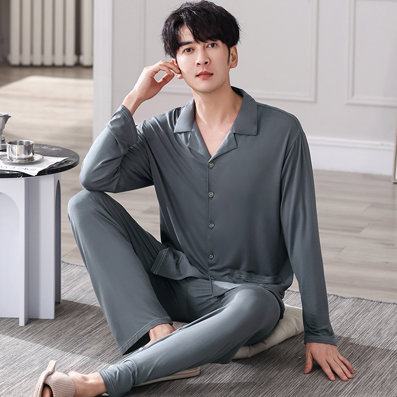 (2개) 야마 잠옷 봄과 가을 중년 및 노인 아빠 잠옷 가디건 라펠 남성 노인 느슨한 단색 가정복