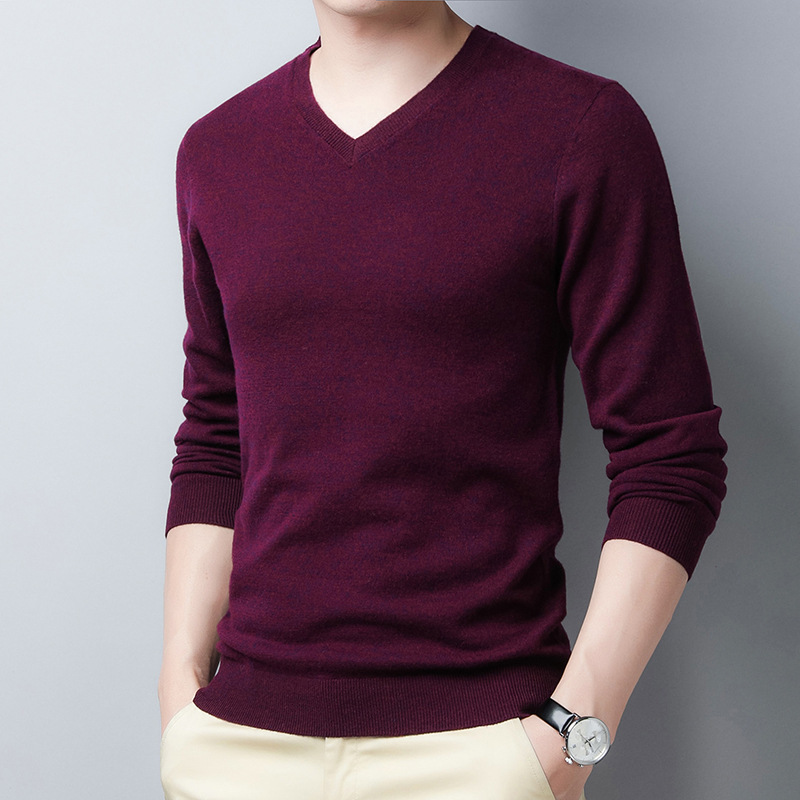 Pure Wool Sweater Men's 100 Wool V-neck Thin 23 Spring and Autumn Middle-aged Wool Sweater Chicken Heart Collar Base Sweater Trendy