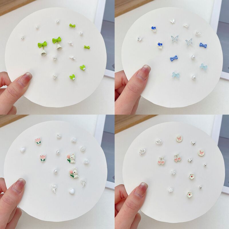 [7 pairs] 925 silver pin earrings set 2023 new student cute sweet ins Wind earrings earrings