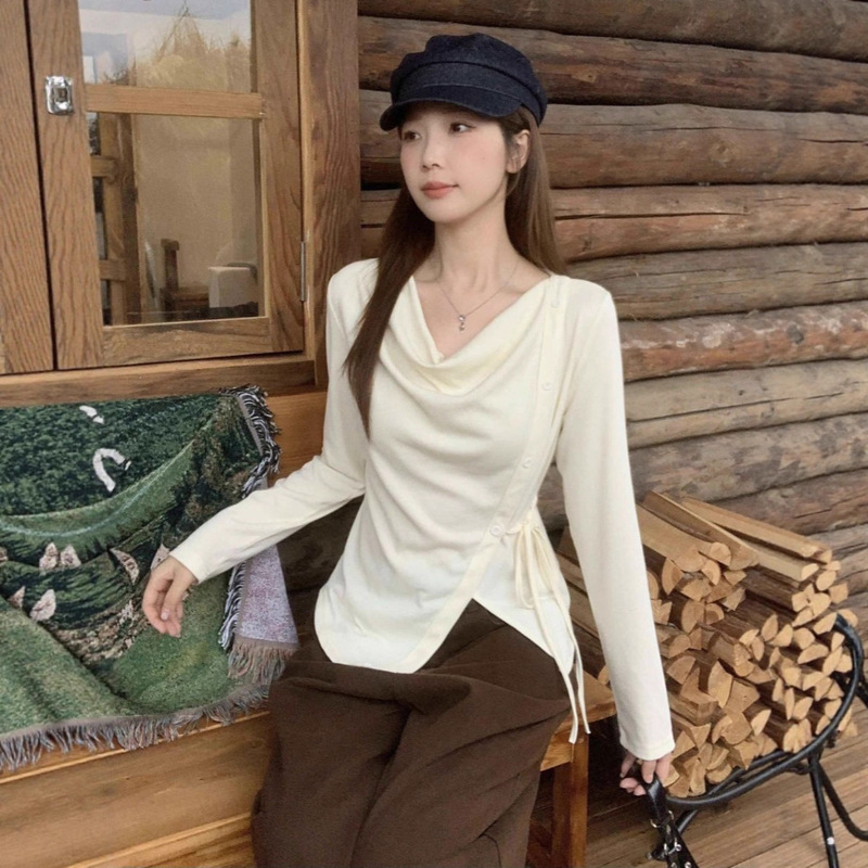 [Derong 1×1] Autumn and Winter Slimming Look Large Size Design Long-Sleeved T-Shirt Women's Asymmetrical Waist Bottoming Shirt