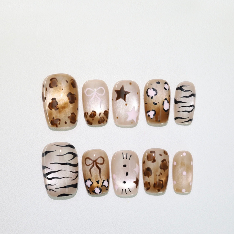 Autumn and Winter Popular Leopard Print Kitty Cat Eye Fine Glitter Wearable Nails Cute Sweet and Spicy Manicure Patches Nails Brown Series Autumn and Winter Popular Leopard Print Kitty Cat Eye Fine Glitter Wearable Nails Cute Sweet and Spicy Manicure Patches Nails Brown Series