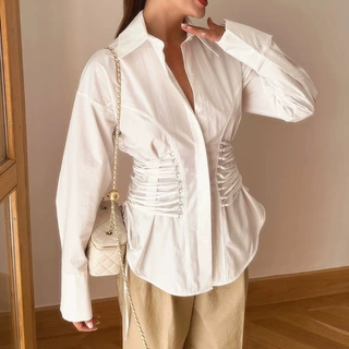 跨境女装小众设计感系带收腰衬衫2026新款翻领长袖开衫休闲上衣
