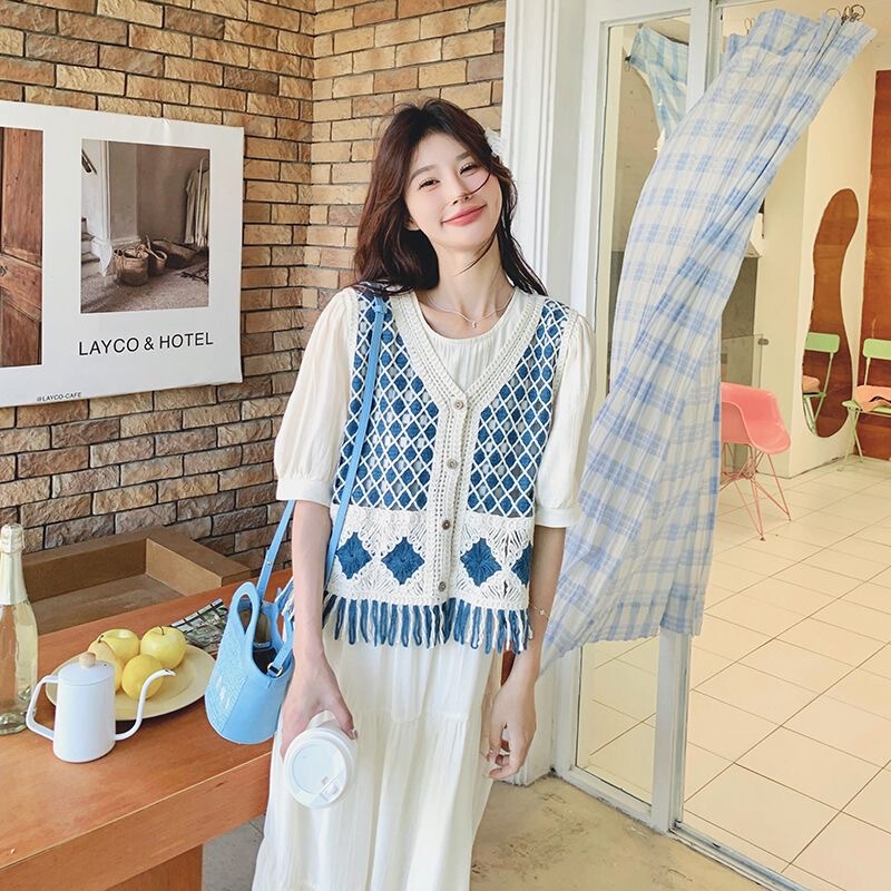 Summer New Style Hook-And-Loop Hollow-Out Sleeveless Embroidered Vest V-Neck Top for Women, Short Style with a High-End Feel, Knitted Outerwear Cardigan