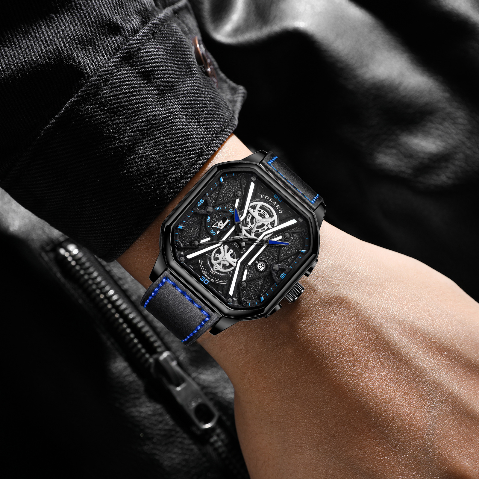 New square men's watch Fashion shaking tape and double dial temperament student wristwatch_voghion.com