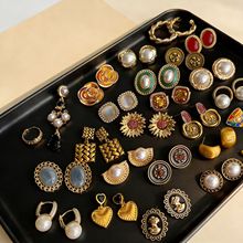 中古vintage银针镶锆石几何珍珠耳环轻奢高级感耳钉复古气质耳饰