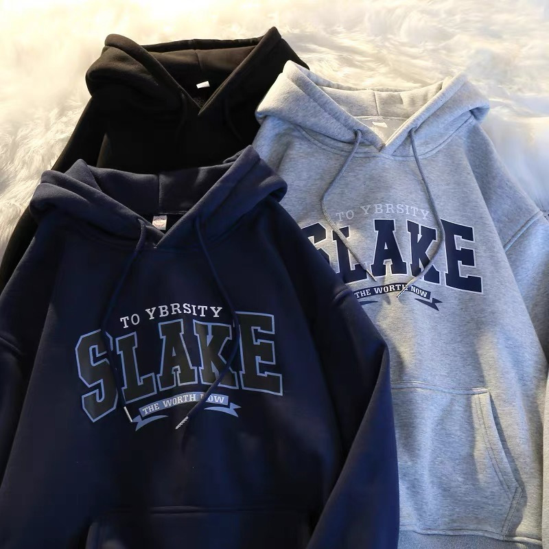 Autumn and Winter New Casual Couple Hooded Letter Print Fleece-Lined Sweatshirt Ins Korean Style Simple Harajuku Style