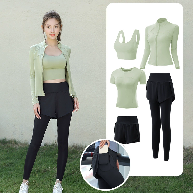 Одежда для йоги, спортивный костюм из пяти предметов для женщин, эластичный, быстросохнущий, для похудения, одежда для фитнеса с высокой талией, одежда для бега, одежда для утреннего бега