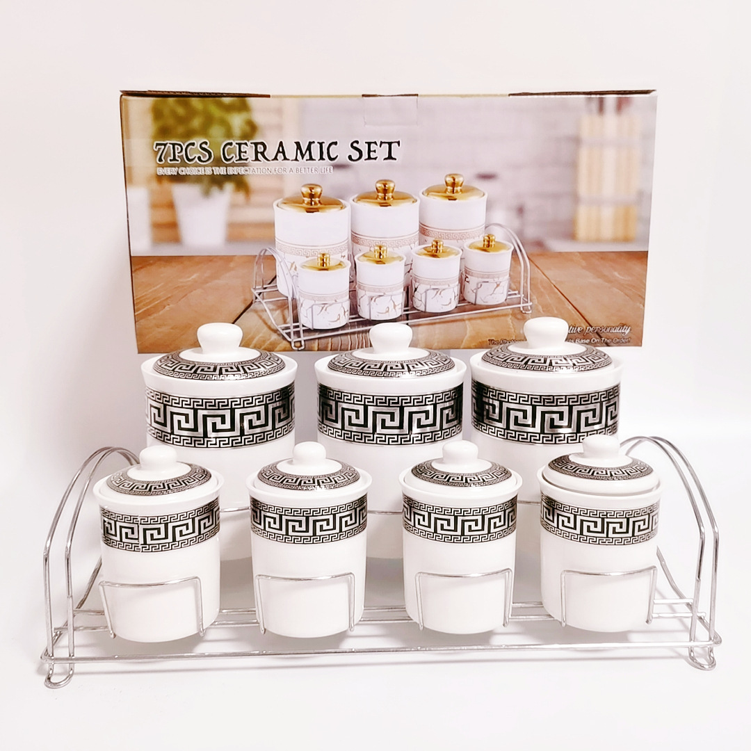 Exportar a Oriente Medio Arabia Saudita cerámica galvanoplastia cilíndrica condimento tarro almacenamiento café tarro con marco de hierro de doble capa