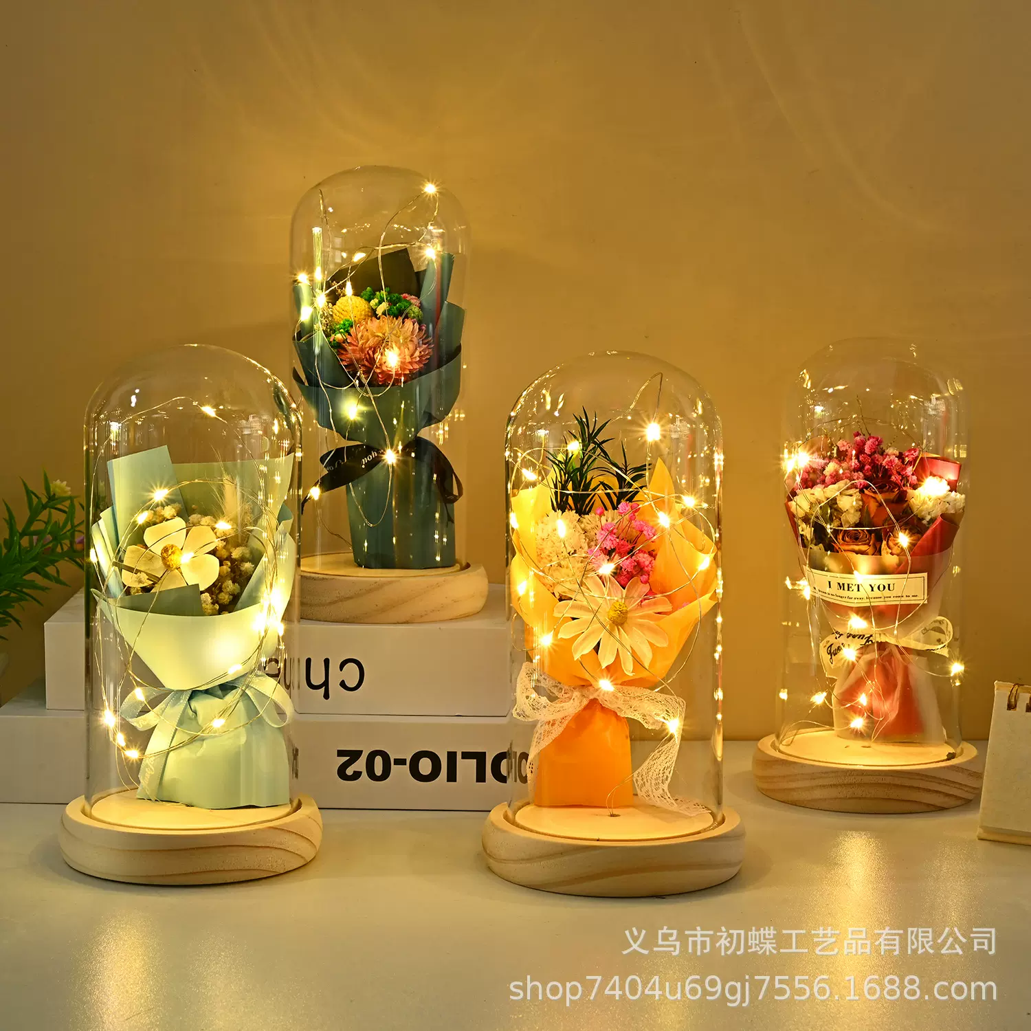 永生干花发光玫瑰花玻璃罩圣诞浪漫花束装饰礼盒生日礼物桌面摆件