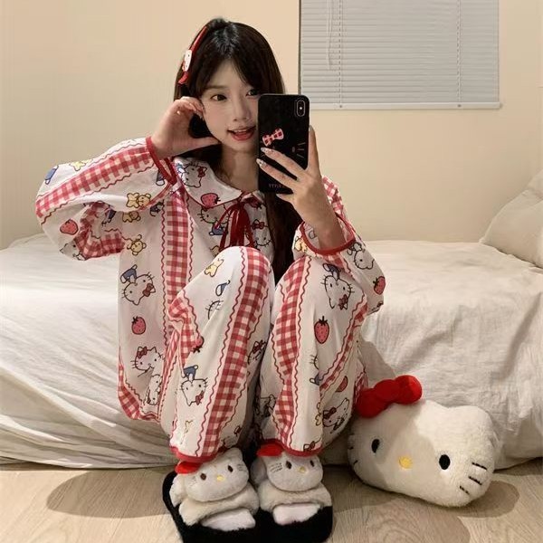 甜美Kitty猫睡衣女春秋季长袖长裤开衫两件套美少女可外穿家居服|undefined