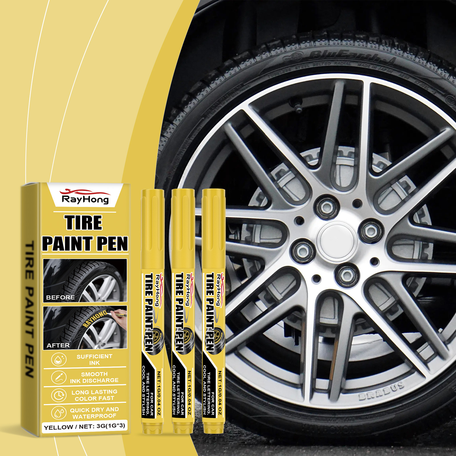 Rayhong Yellow Car Tire Paint Pen Car Tire Art Painting Waterproof Long-Lasting Oil-Based Pen