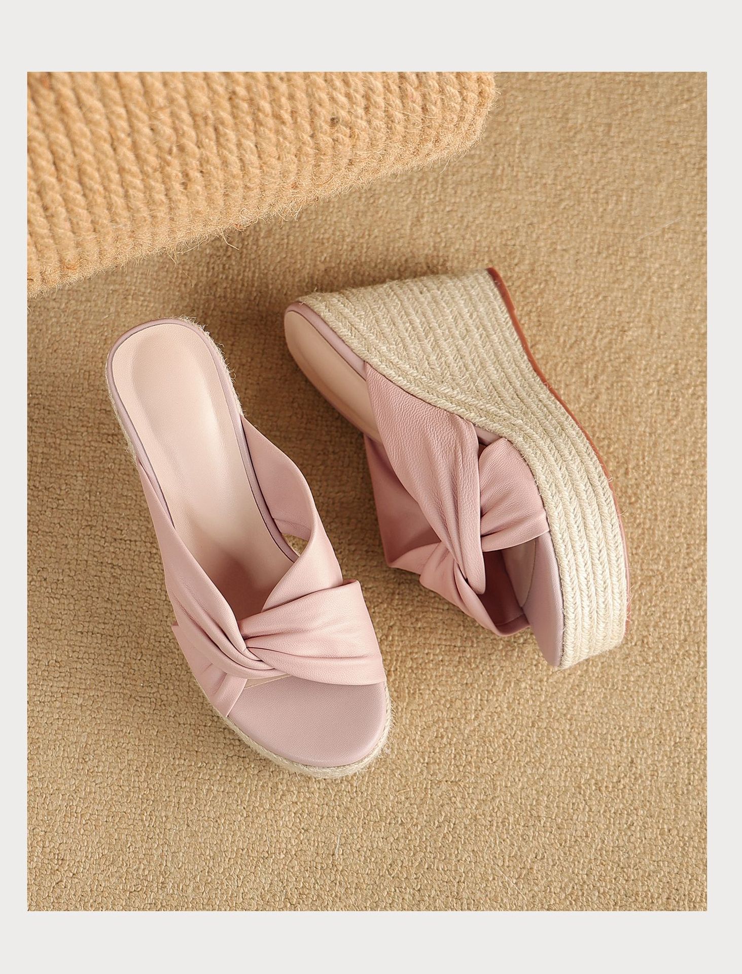 Sandal cao gót nữ quai chéo hở mũi đế xuồng bện cói gót 9 cm — màu thiên thanh, màu hồng chi tiết 24