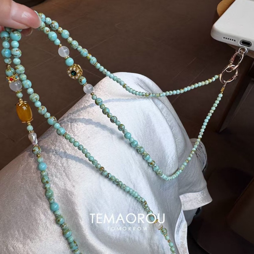 New Chinese-Style Handmade Beaded Shoushan Stone Phone Lanyard, Fashionable and Unique, Small Fresh Turquoise Crossbody Neck Strap to Prevent Loss