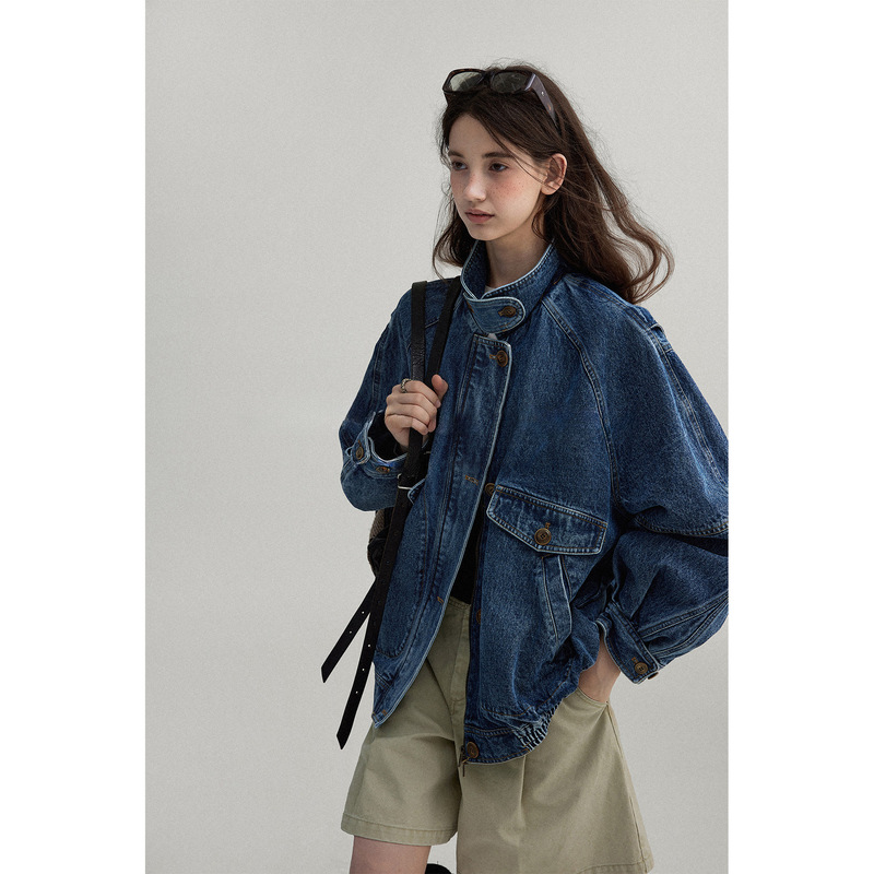 Nordic vintage style/washed denim texture stand-up collar color-blocked silhouette bomber jacket for women # 3737 Nordic vintage style/washed denim texture stand-up collar color-blocked silhouette bomber jacket for women # 3737