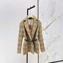 深圳南油25秋冬款气质名媛风编织格纹粗花呢翻领收腰中长款外套女