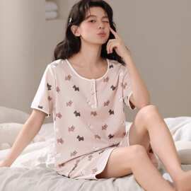 夏季新款纯棉女短袖短裤套头睡衣网红修身女家居服图片色圆领居家
