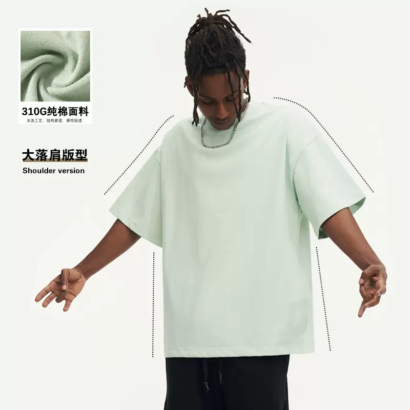美式小龙口宽松落肩纯棉短袖350g加厚男士t恤衫嘻哈街头百搭