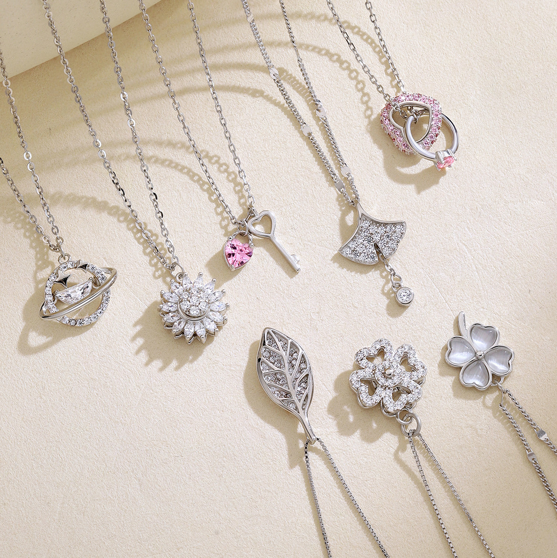 5g Weight 1 Piece 925 Sterling Silver Four Leaf Clover Heart Shape Ginkgo Leaf 925 Sterling Silver Cable Chain Pendant Necklace