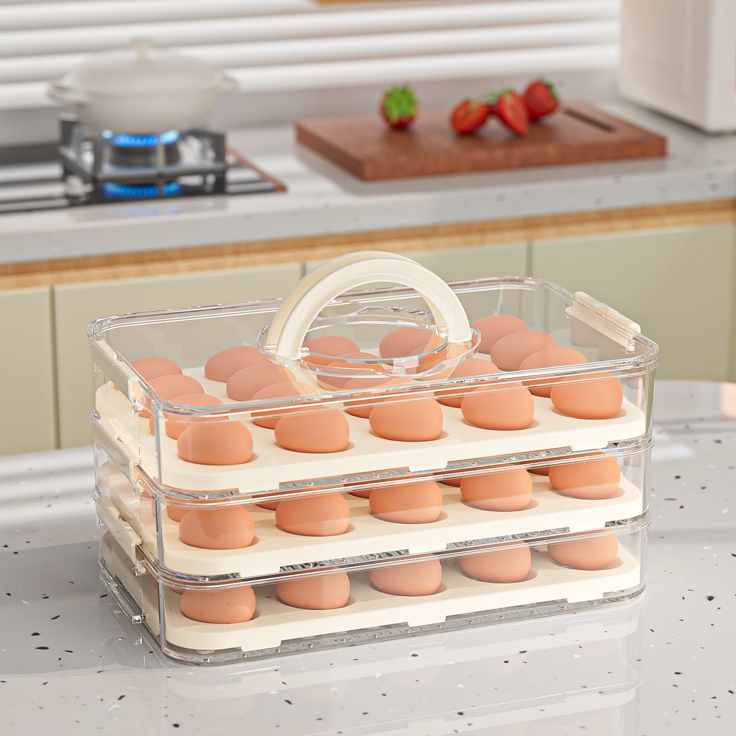 Refrigerador a prueba de polvo caja de almacenamiento de rejilla dividida de plástico cocina caja de conservación sellada para el hogar caja de almacenamiento de huevos portátil de grado alimenticio