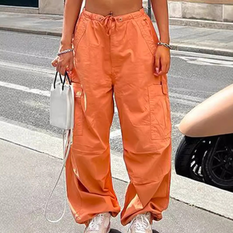 MH906 Summer Thin Workwear Trousers Women's American Style Retro Street Drawstring Large Pocket Loose Low Waist Quick Dry Straight